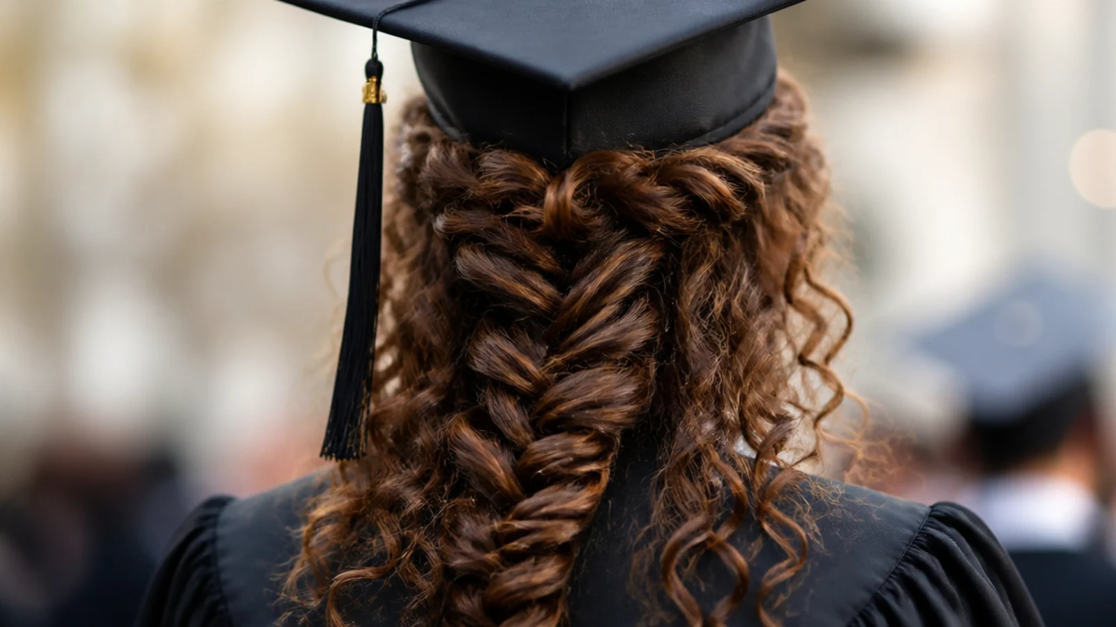 Loose fishtail braid on 3A curls running down the back below a graduation cap