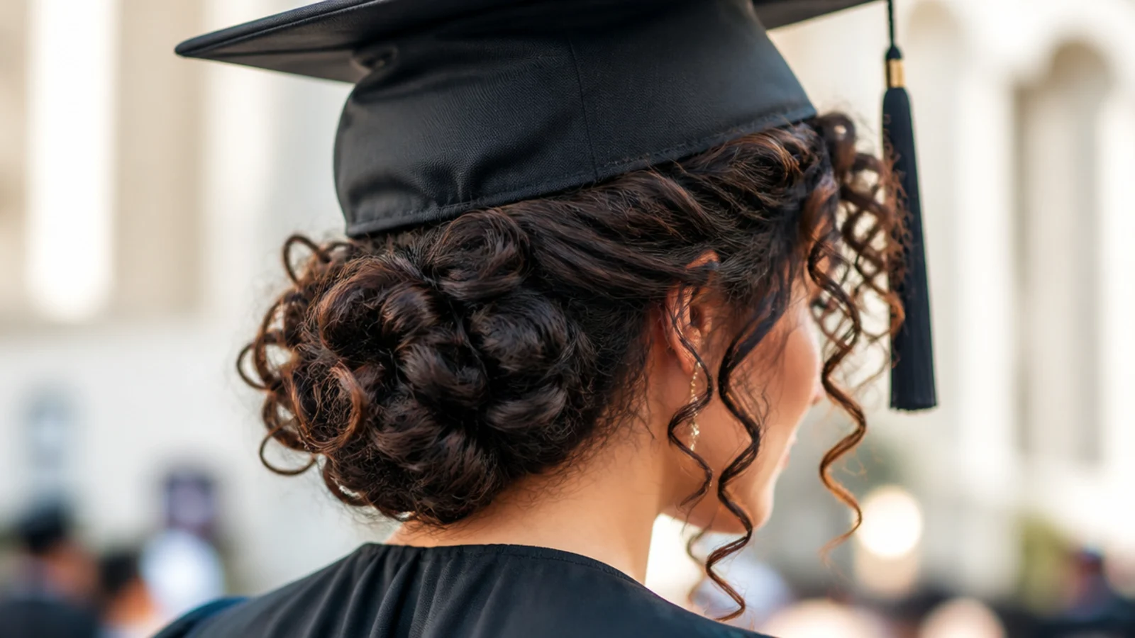 Curly bangs left out at the front with the remaining curls pinned low under a graduation cap