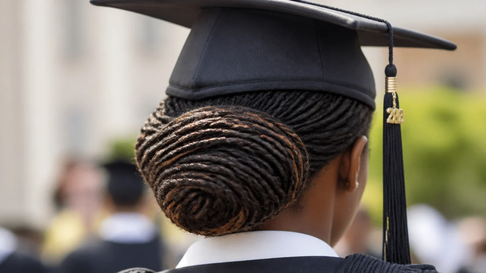 Locs gathered into a low horizontal barrel bun at the nape with a graduation cap on top