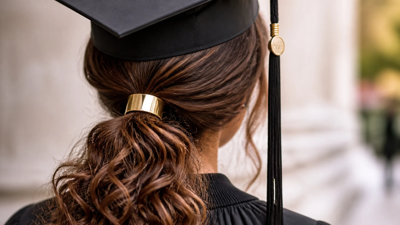 Curly ponytail at the nape finished with a gold hair cuff under a flat graduation cap