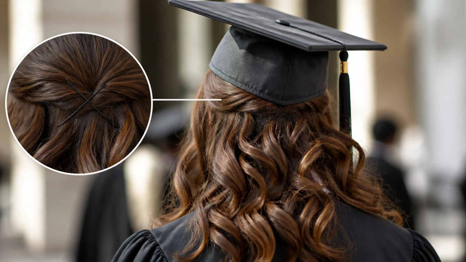 Bobby pins crossed in an X under a graduation cap band on curly hair for all-day hold