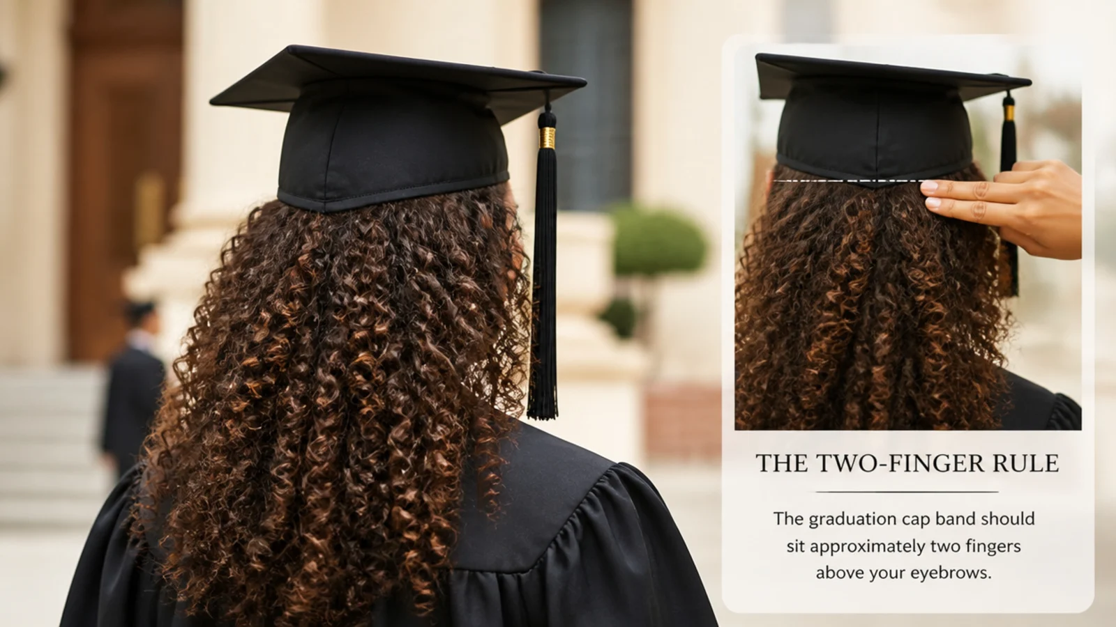 Diagram showing the graduation cap band sitting two fingers above the eyebrows on curly hair