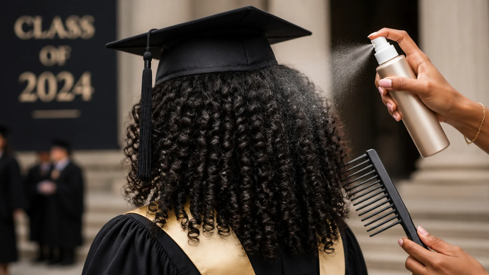 Refreshing flattened curly hair with a water mist and pick right after removing a graduation cap