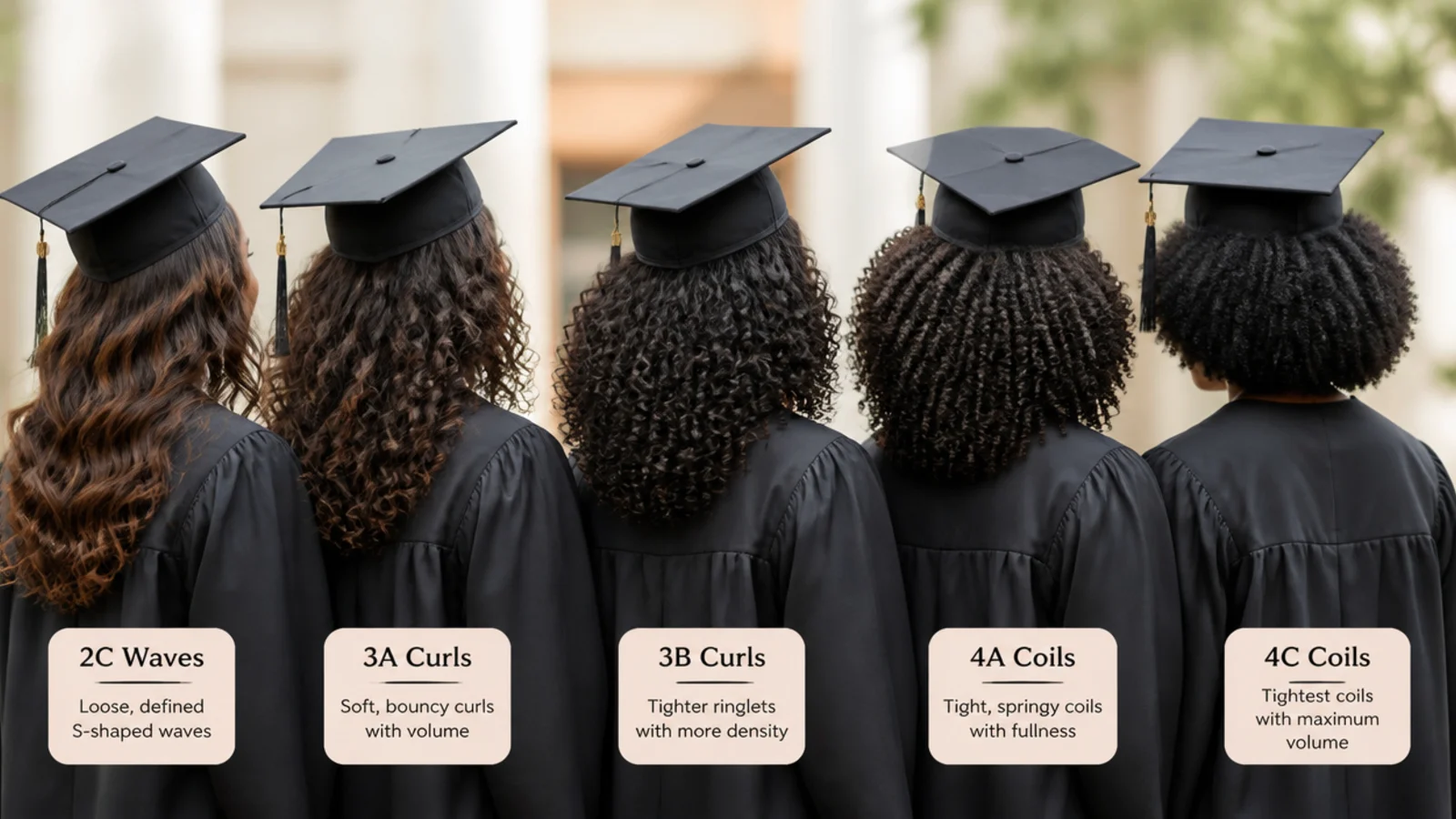 Curl pattern comparison from 2C waves to 4C coils styled for a graduation cap