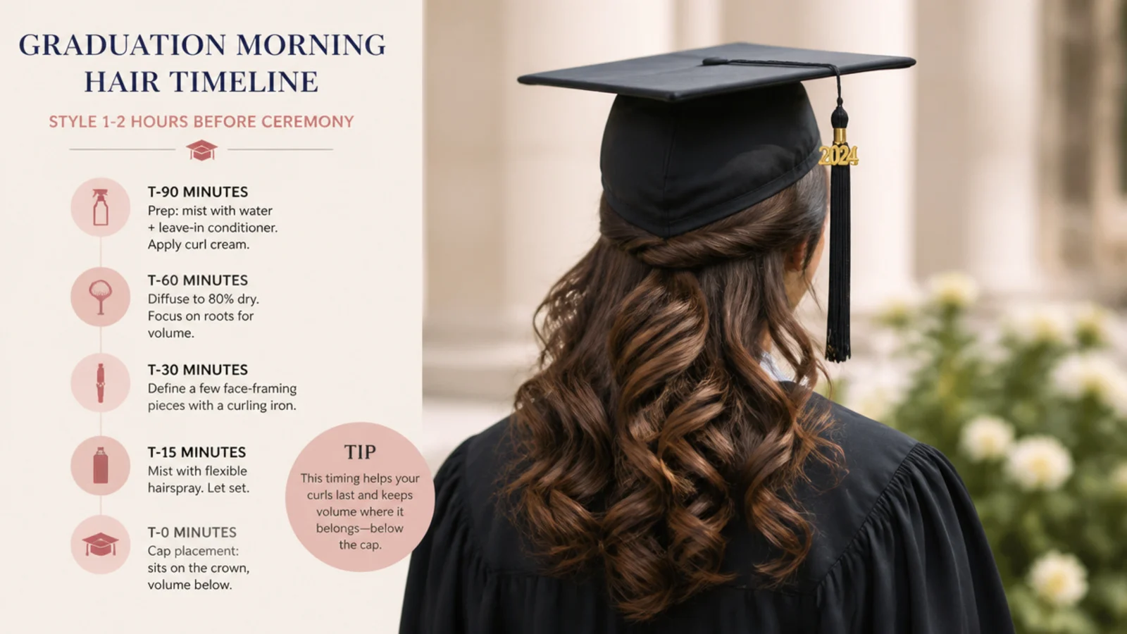 Graduation morning timeline for styling curly hair one to two hours before the ceremony