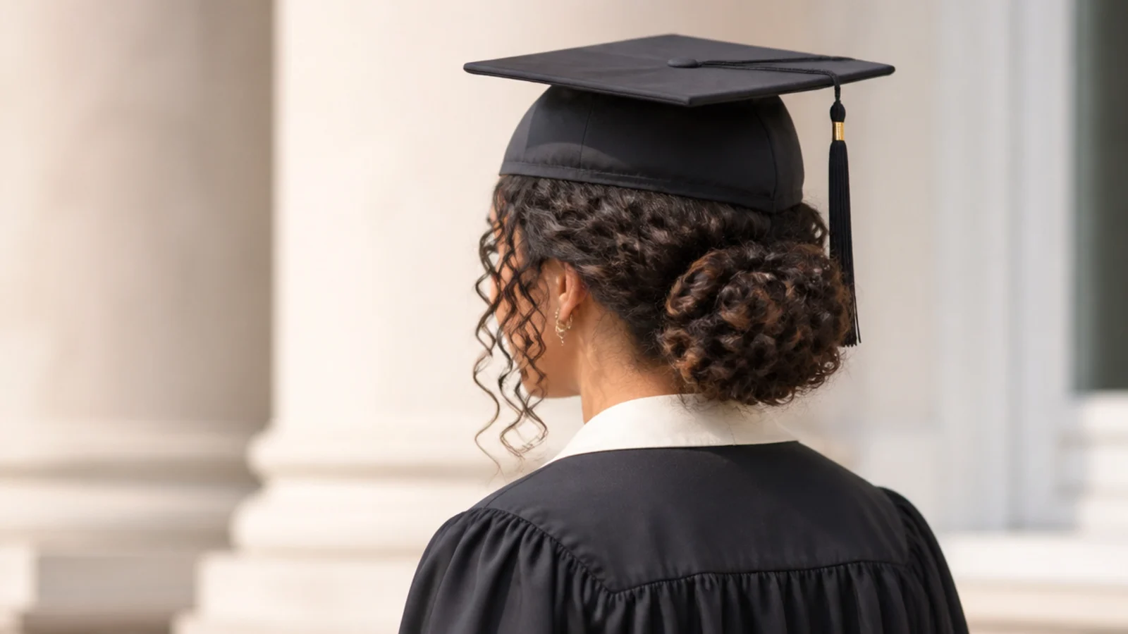 Graduation hairstyle for curly hair with a low nape bun and a mortarboard sitting flat on the crown