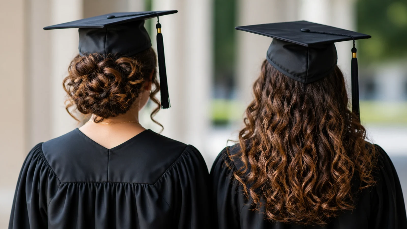 Curly updo and curls worn down compared side by side for graduation photos with a cap