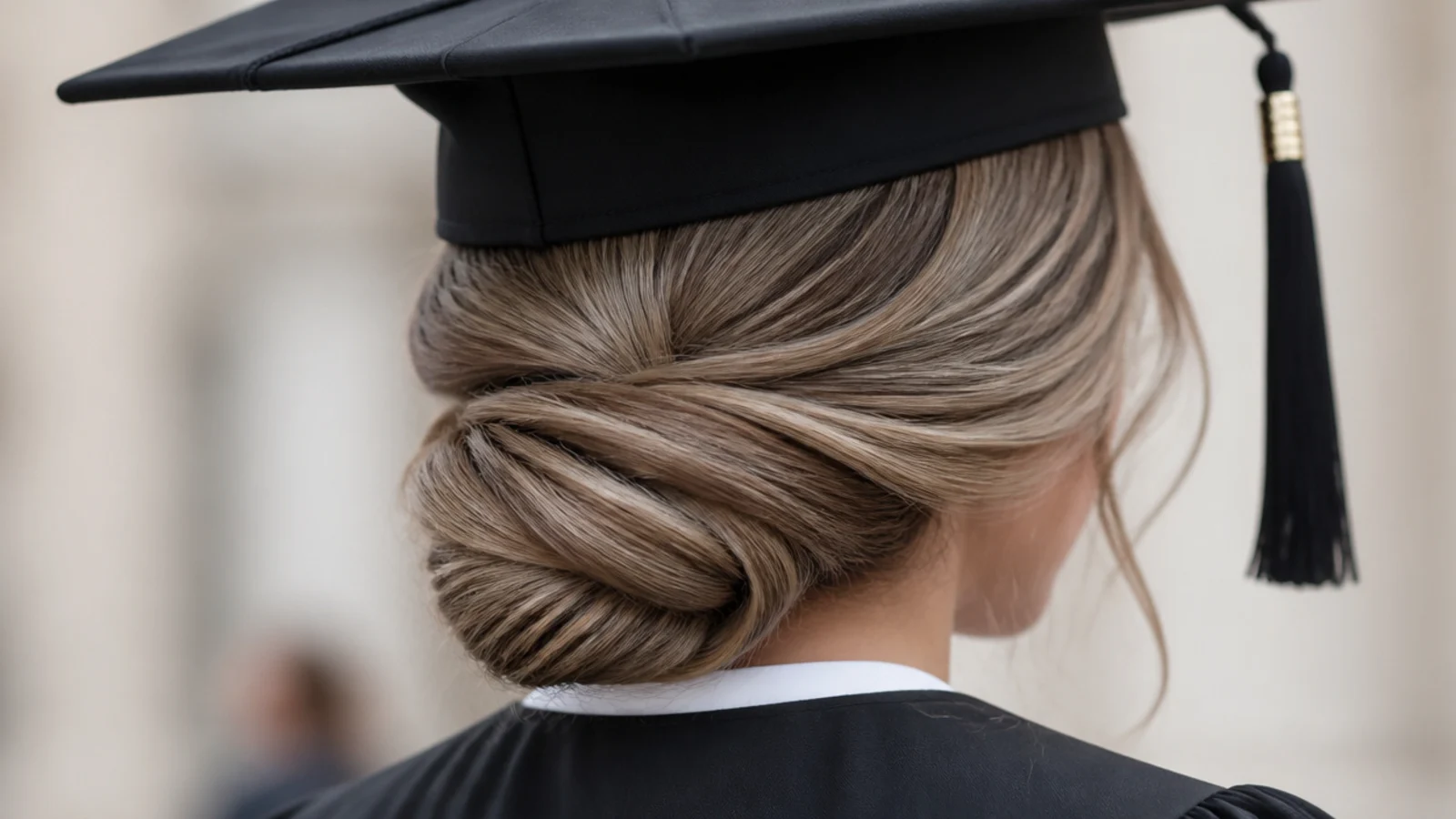Long hair twisted into a smooth low chignon at the nape with a graduation cap resting flat above it