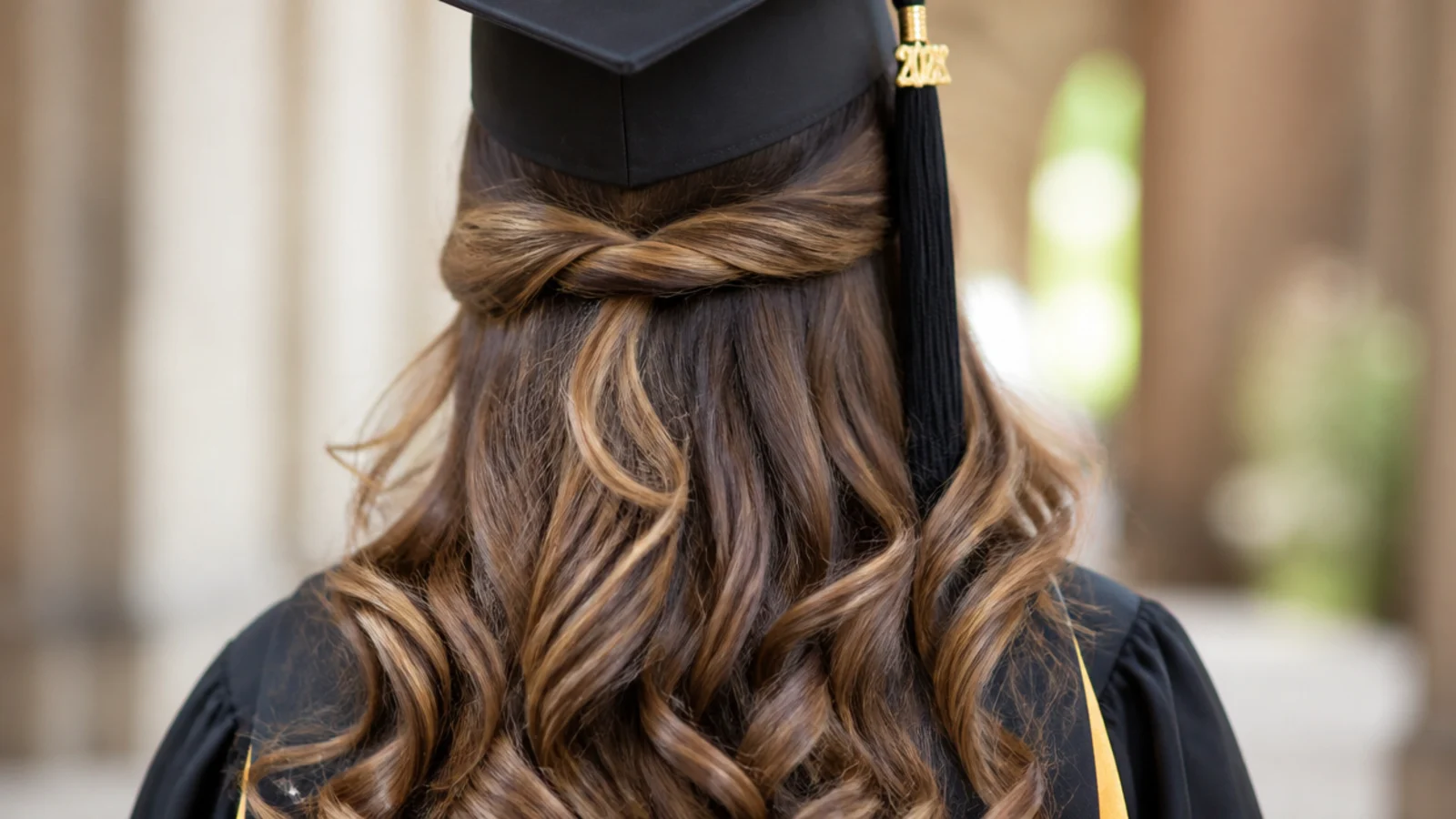 Long hair in a half-up half-down style with 1.25 inch barrel curls falling below a graduation cap