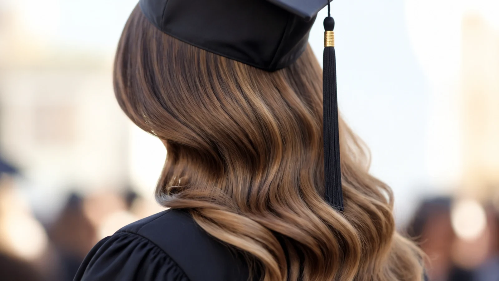 Long side-swept Hollywood waves gathered over one shoulder under a black graduation cap