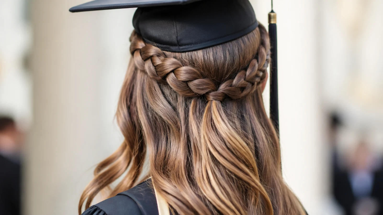 Two Dutch braids along the hairline meeting in a half-up section on waist-length hair