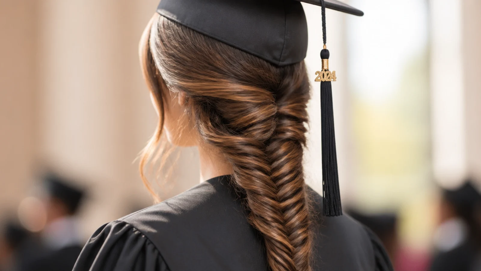Long fishtail braid pulled over one shoulder with a smooth crown under a graduation cap