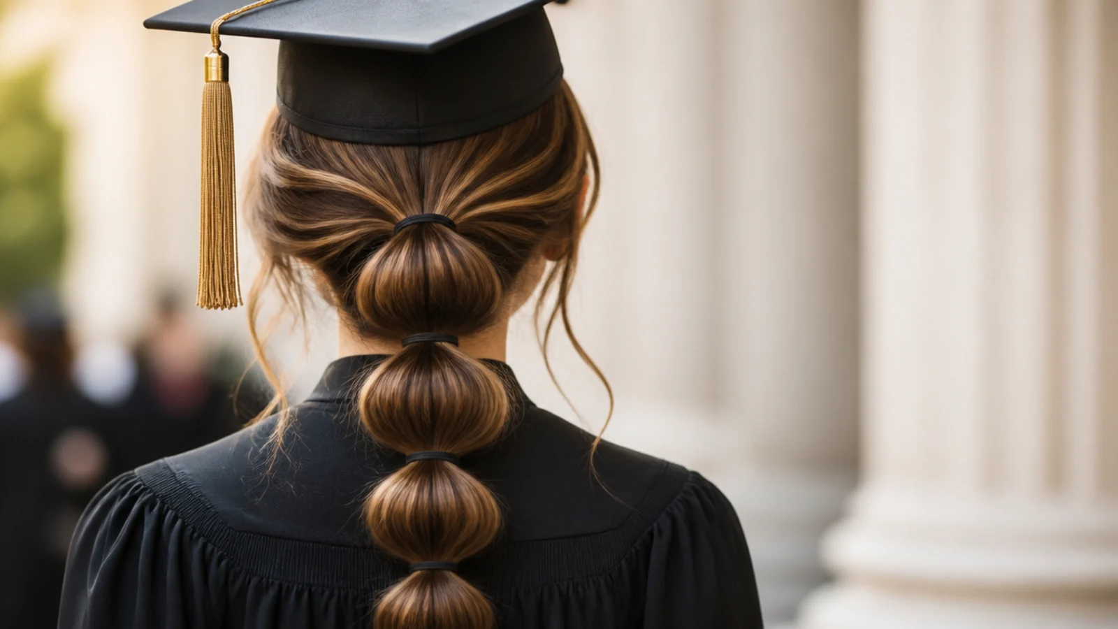 Low bubble ponytail on long hair with five evenly spaced segments below a graduation cap