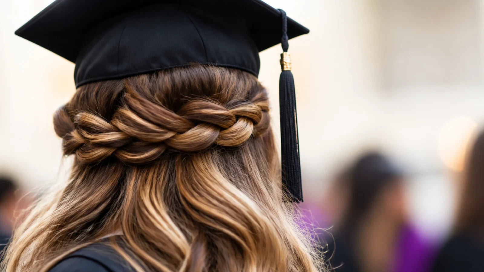 Braided crown on long hair pinned in a halo below the front edge of a graduation cap