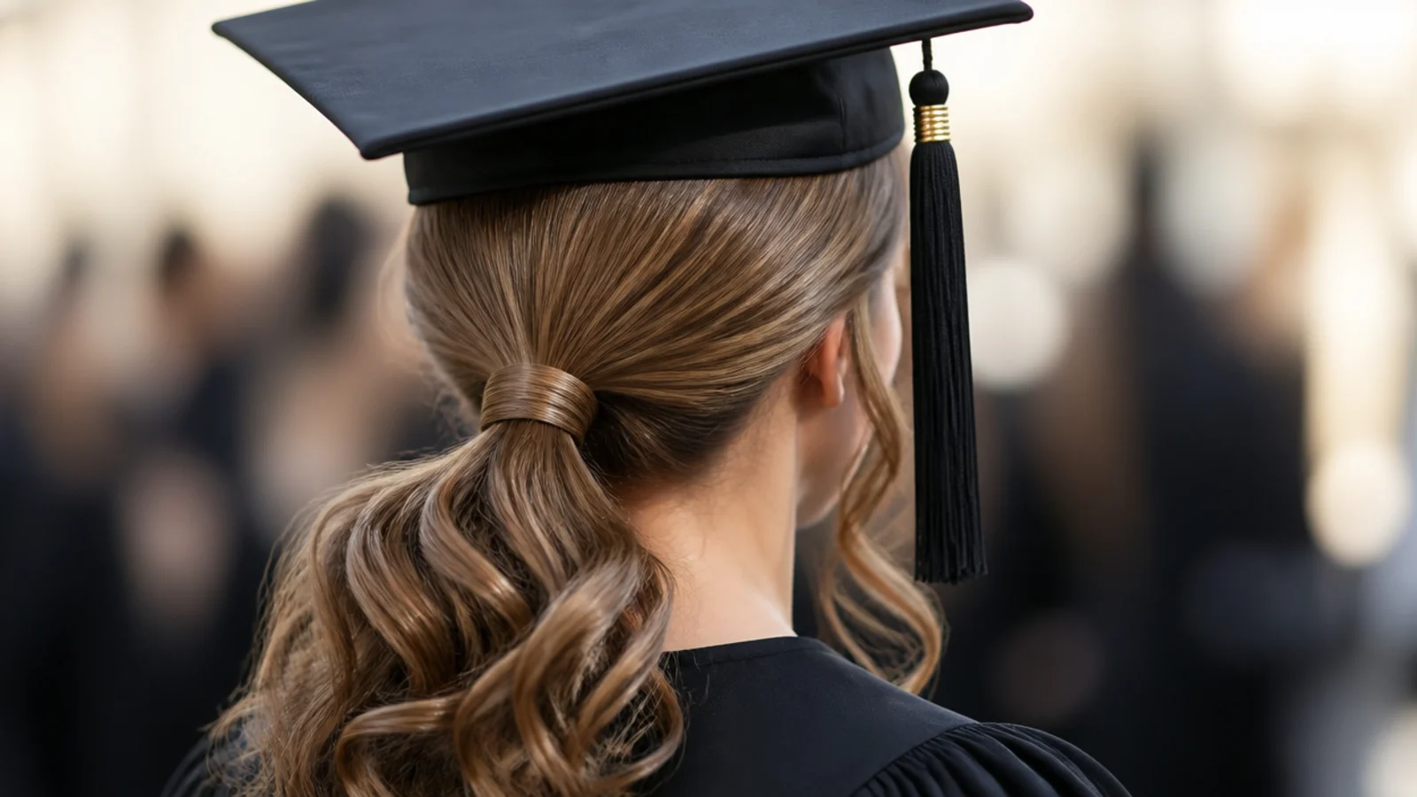 Long low ponytail with a glass-smooth crown above the elastic and loose curls below it