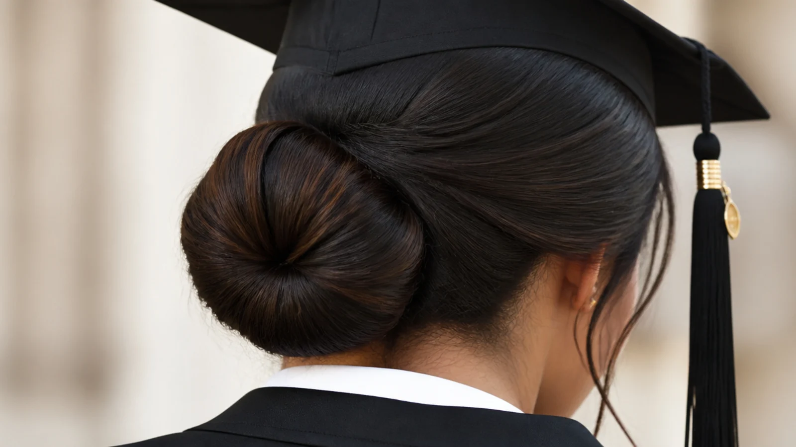 Neat round ballerina bun sitting two inches above the nape on long dark hair