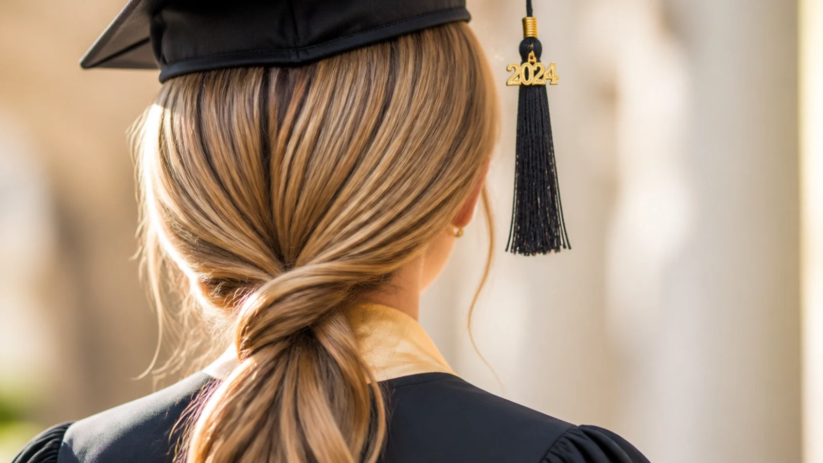 Long fine hair in a low rope twist ponytail with two strands wound around each other