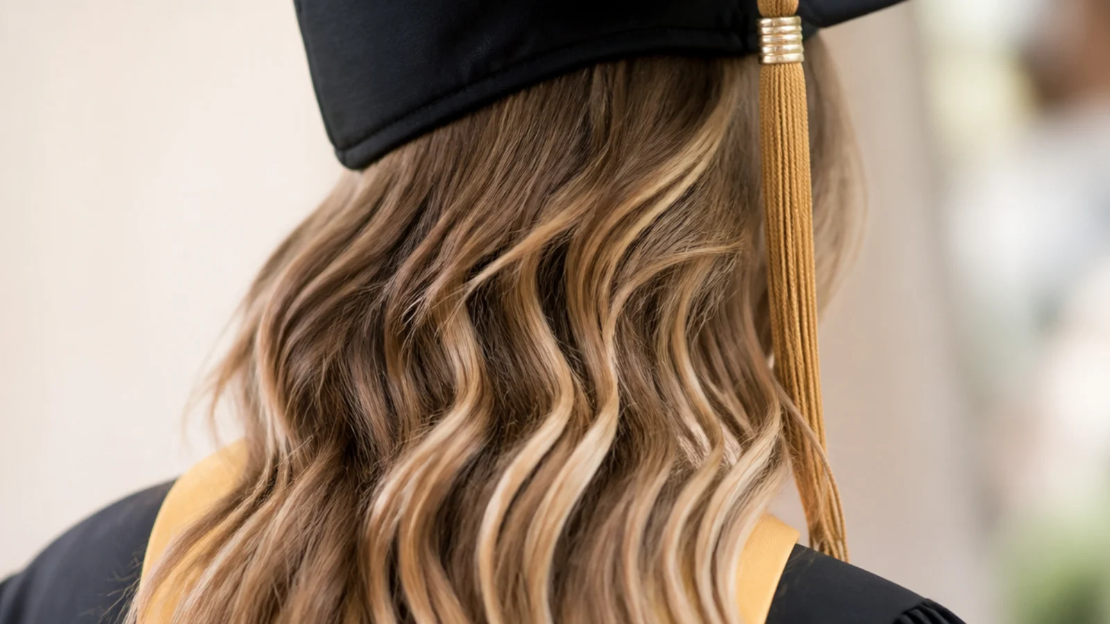 Long loose beach waves with a deep side part and volume at the sides below a graduation cap