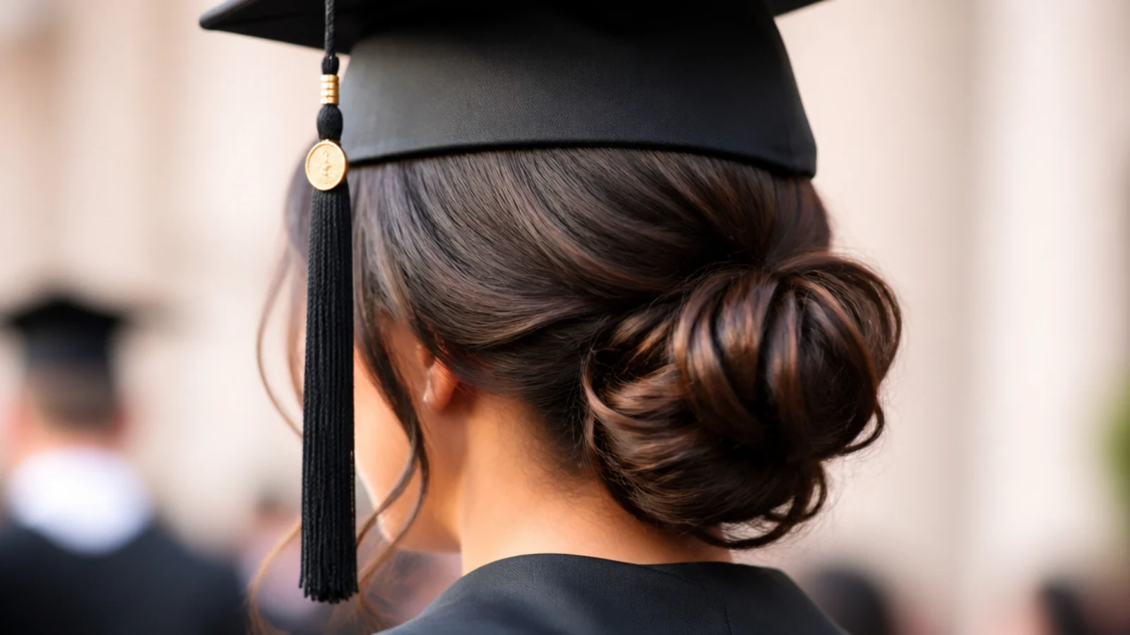 Long hair gathered into a soft low bun sitting behind and below one ear