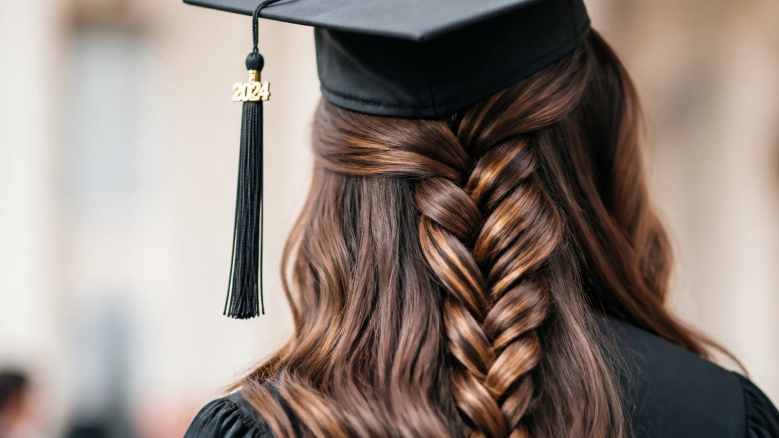 French braid starting mid-crown on long hair and cascading down the back below the cap
