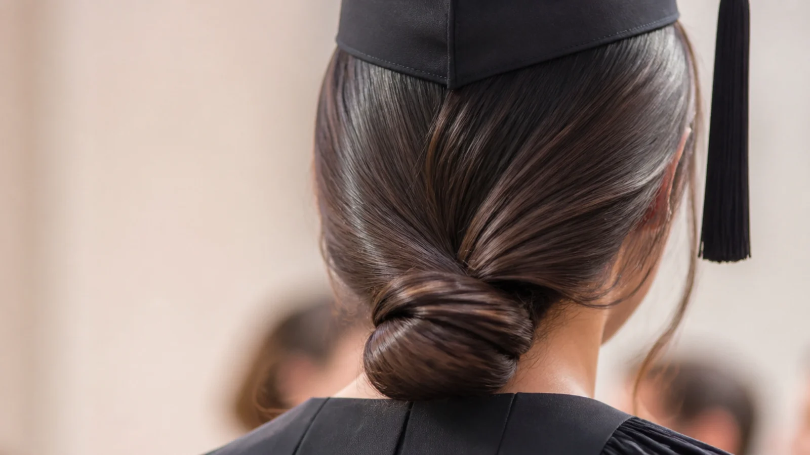 Glossy middle-parted long hair pulled into a small tight knot at the nape of the neck