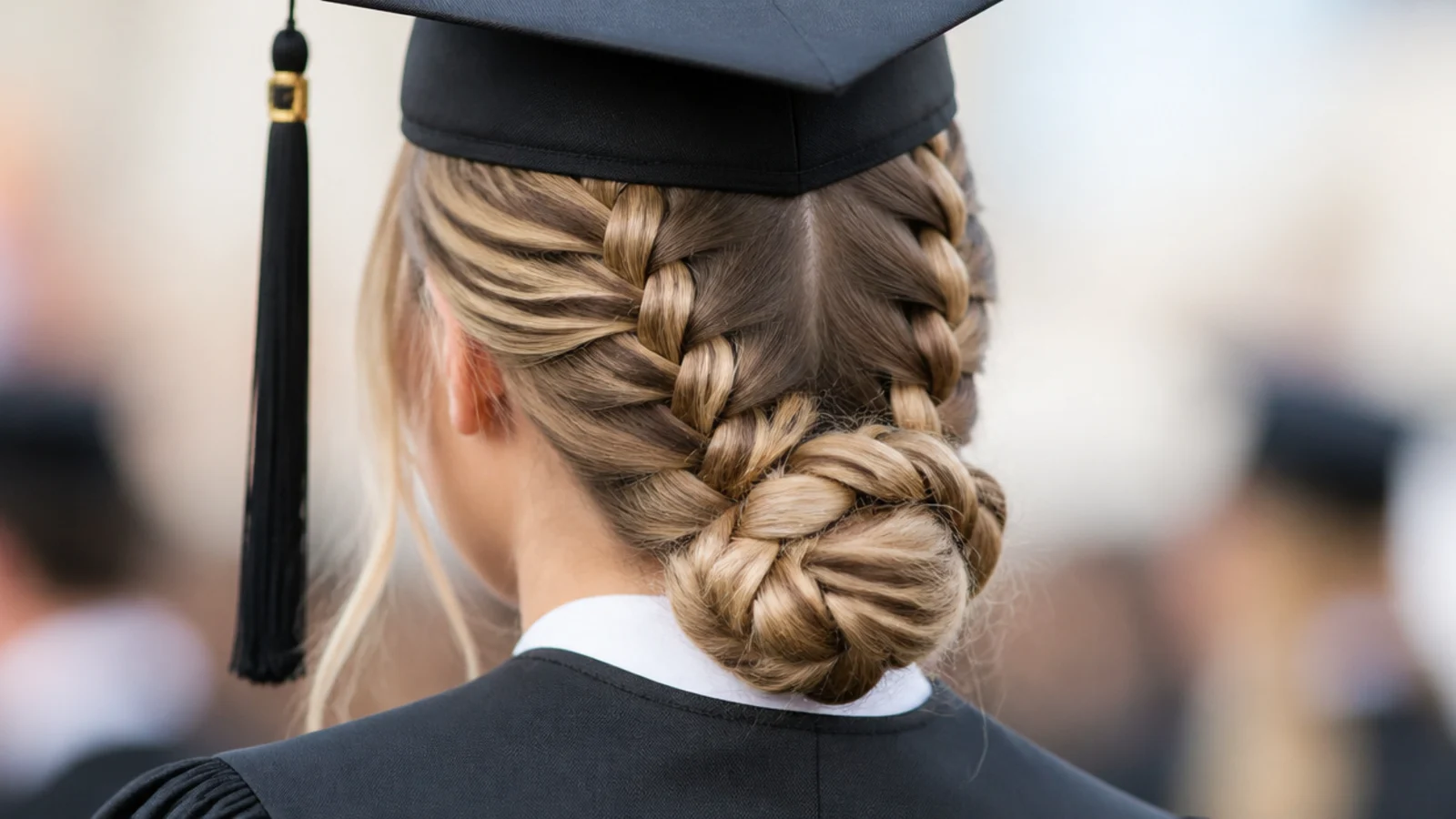 Two Dutch braids running down the back of long hair and tucked into a single low bun