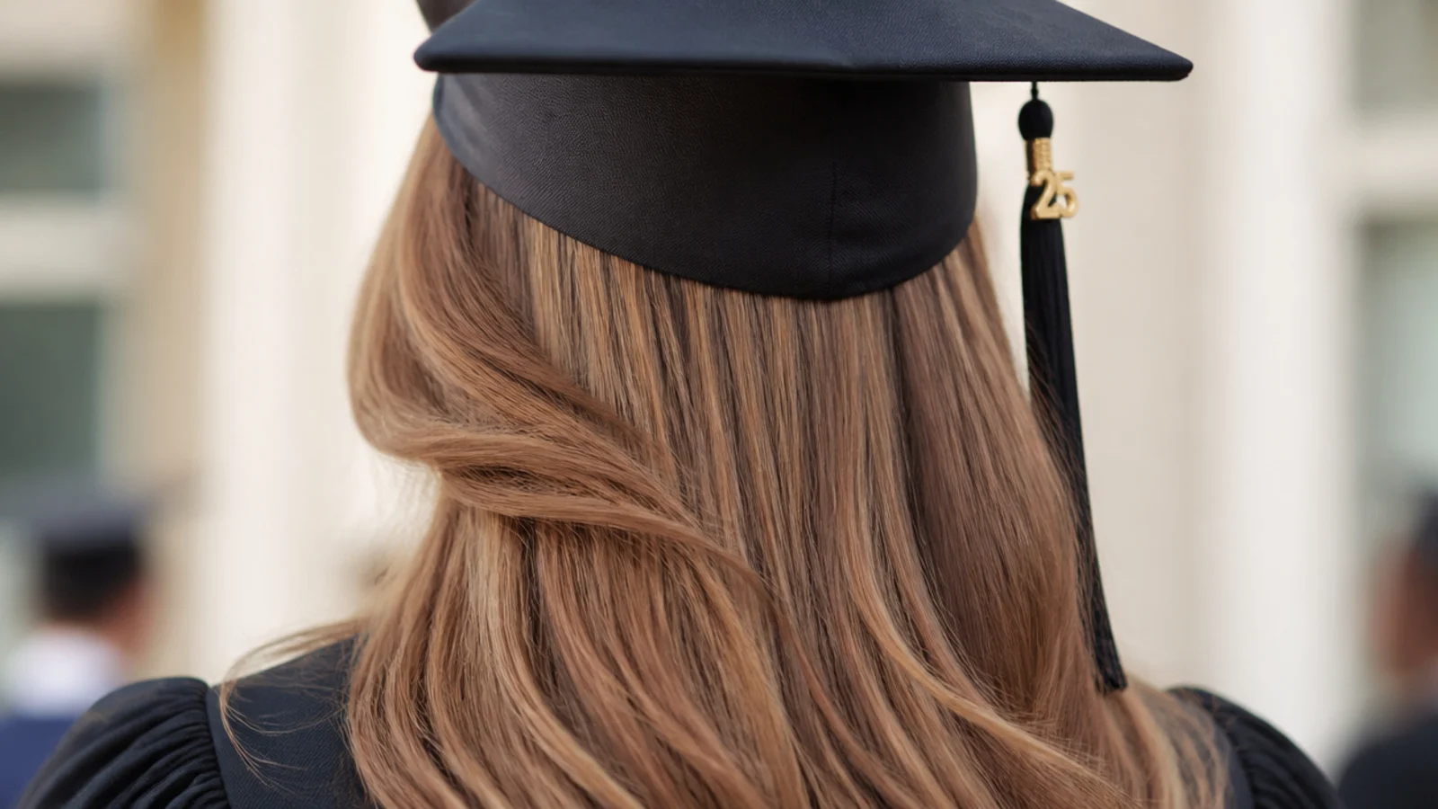 Long layered blowout with flat roots at the crown and wide volume at the sides under a cap