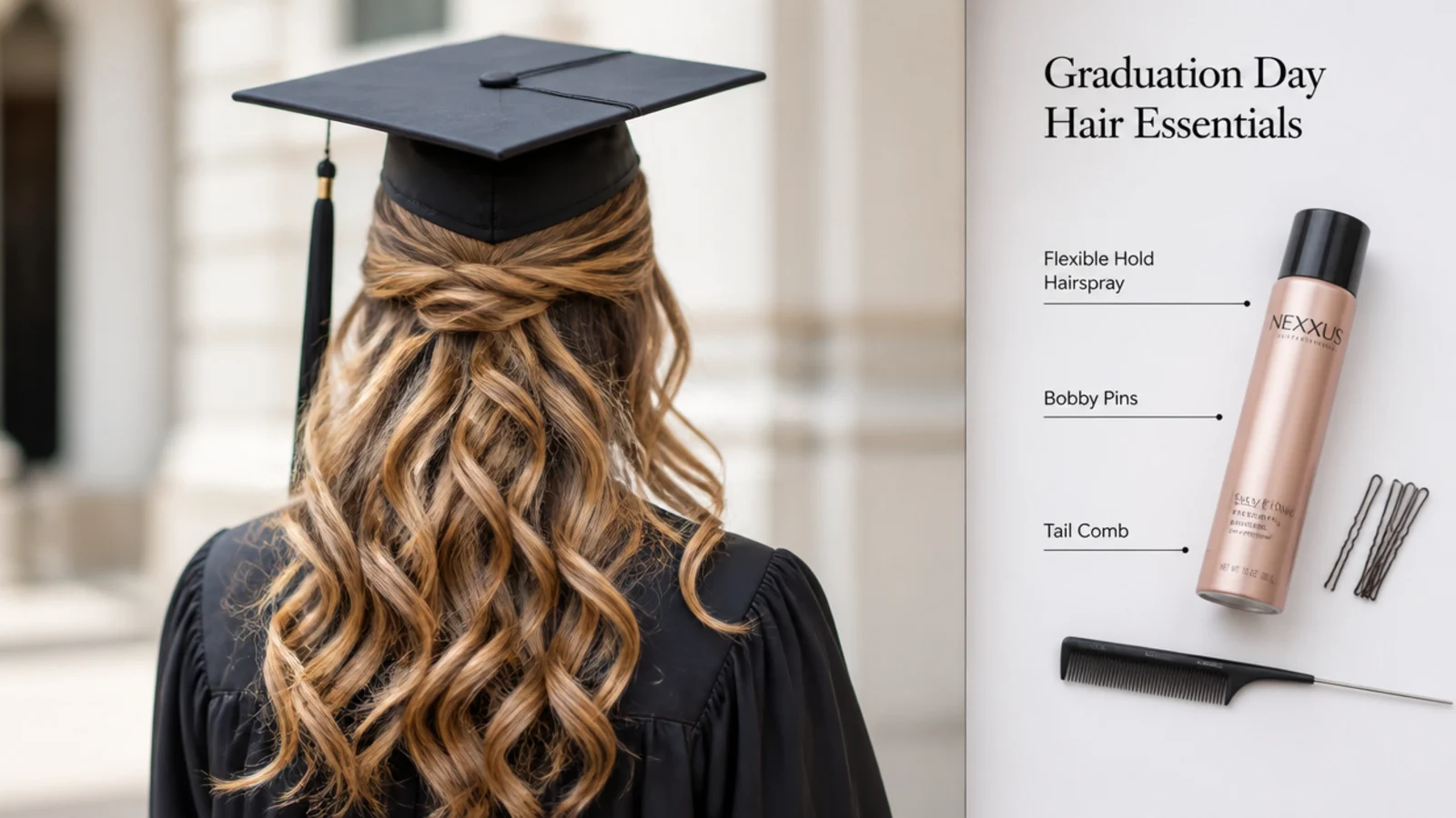 Flexible hold hairspray, bobby pins and a tail comb laid out for graduation day styling