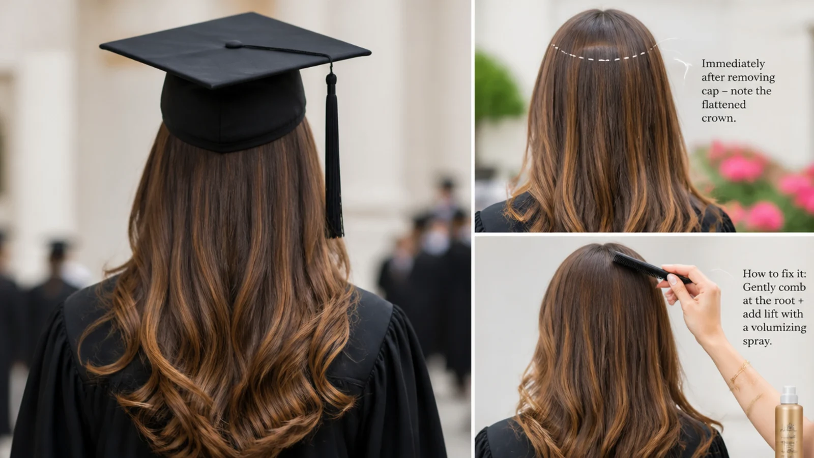Long hair immediately after removing a graduation cap showing a flattened crown being fixed