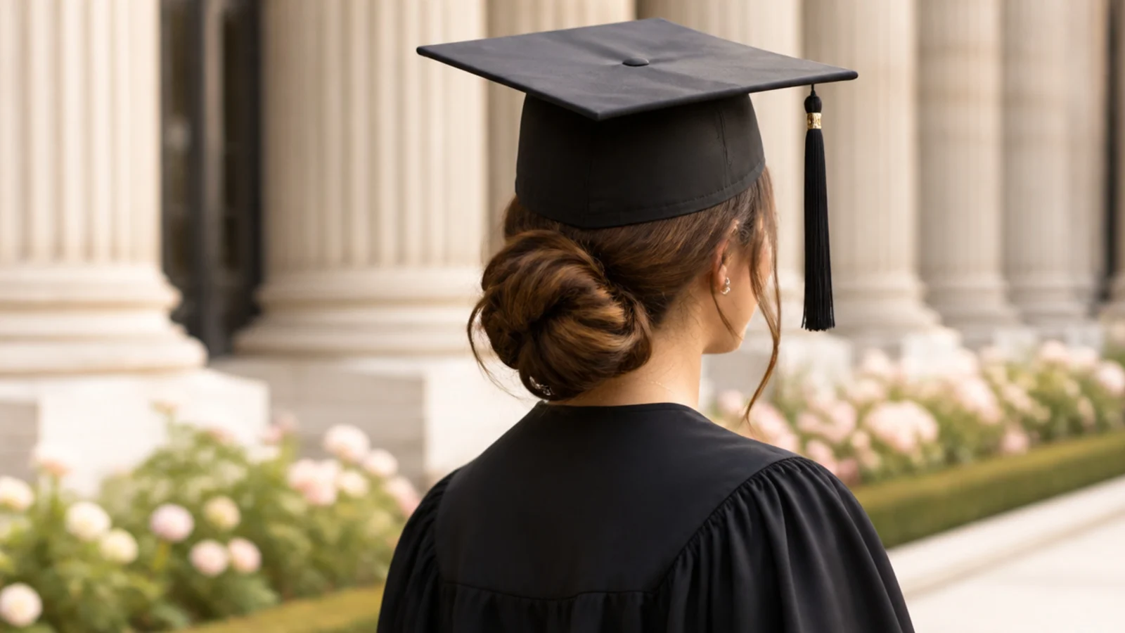 Long hair in a low chignon at the nape under a black graduation cap sitting flat on the crown