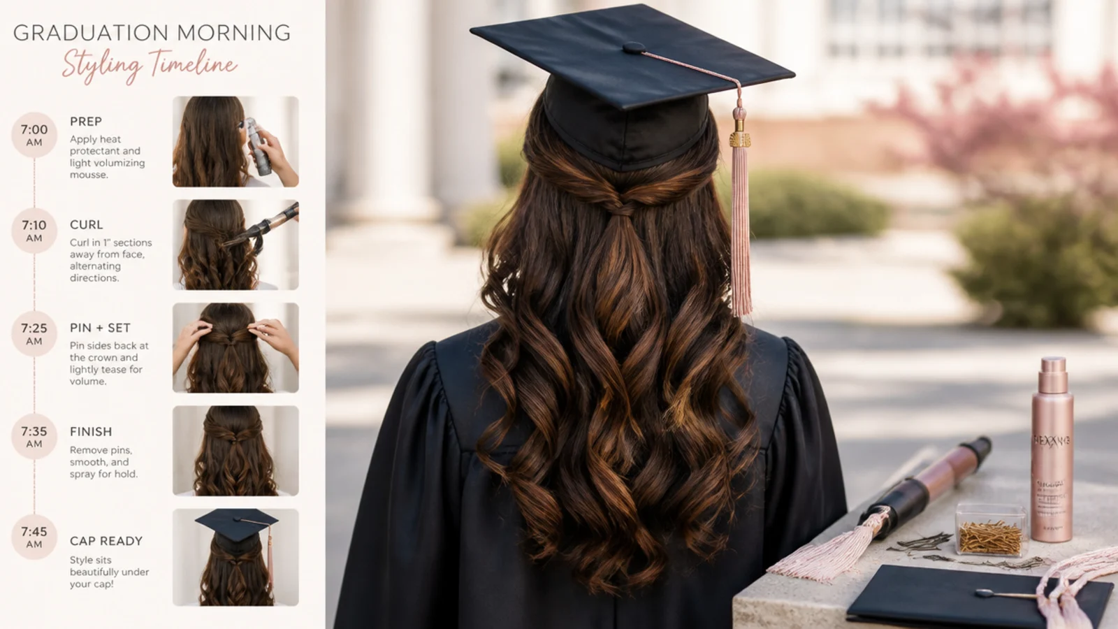 Graduation morning styling timeline with cap, gown, pins and curling iron laid out