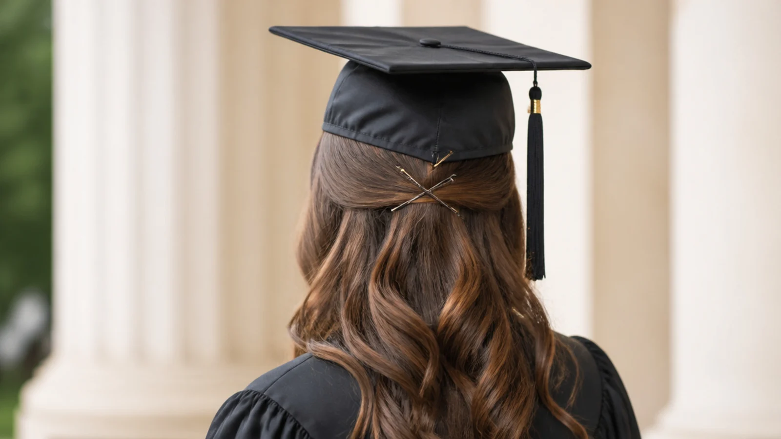 Two bobby pins crossed in an X anchoring a graduation cap band into long hair
