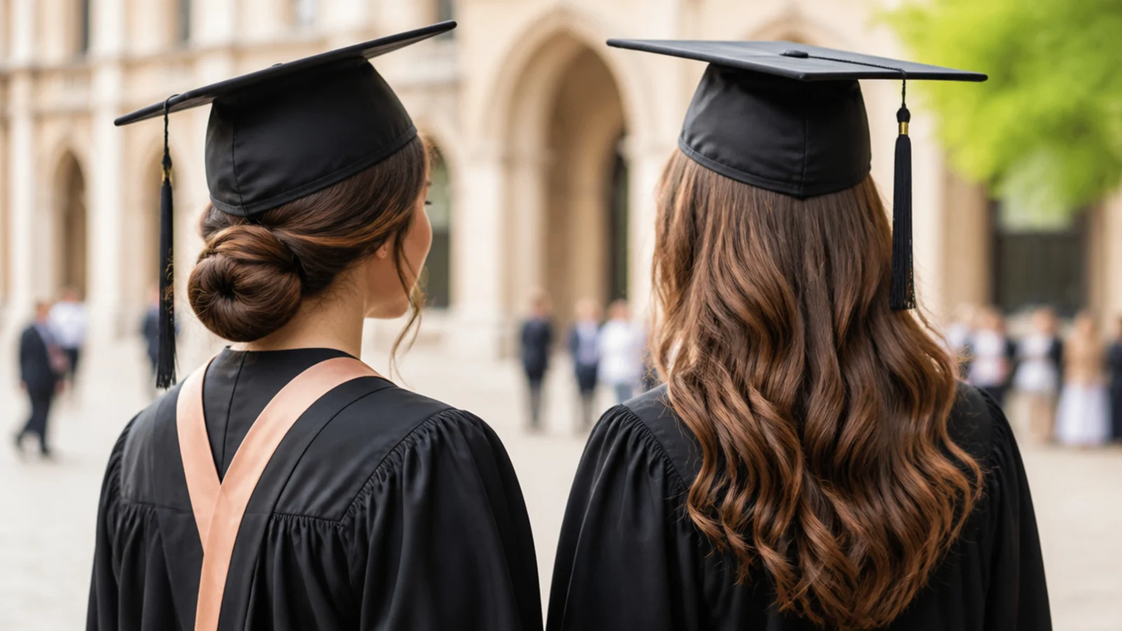 Long hair in a low bun beside the same long hair worn down in waves under a graduation cap