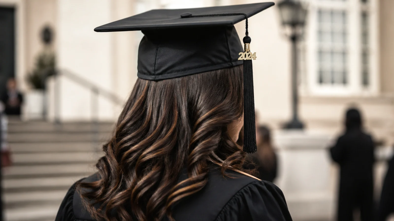 Side view showing the graduation cap line two fingers above the eyebrows across the crown