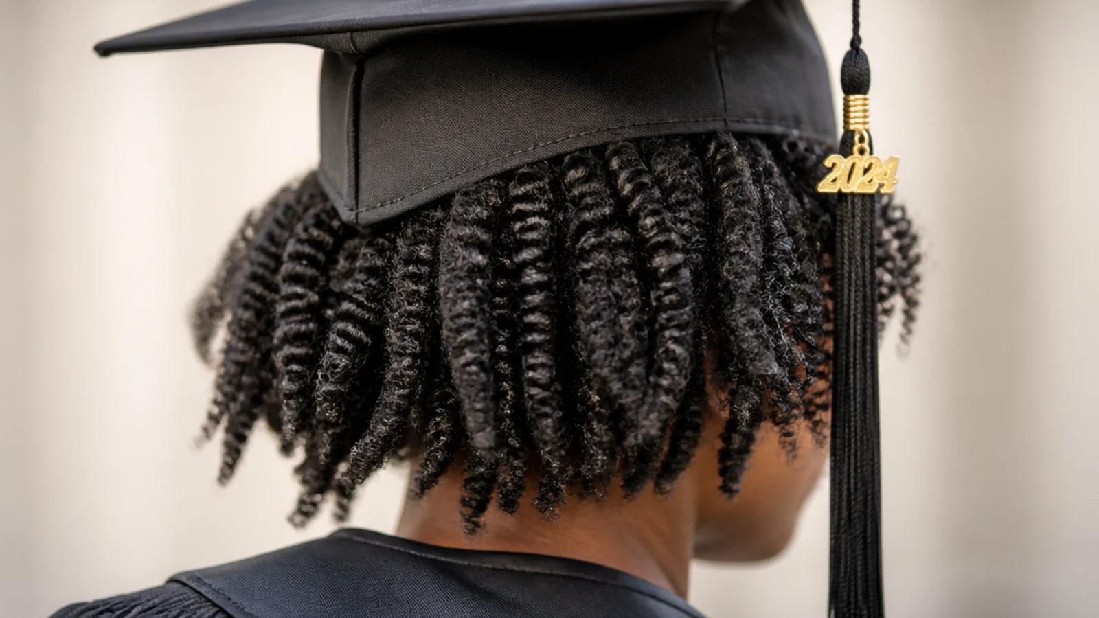 Chunky two-strand twist-out on 4B natural hair with volume at the sides under a grad cap