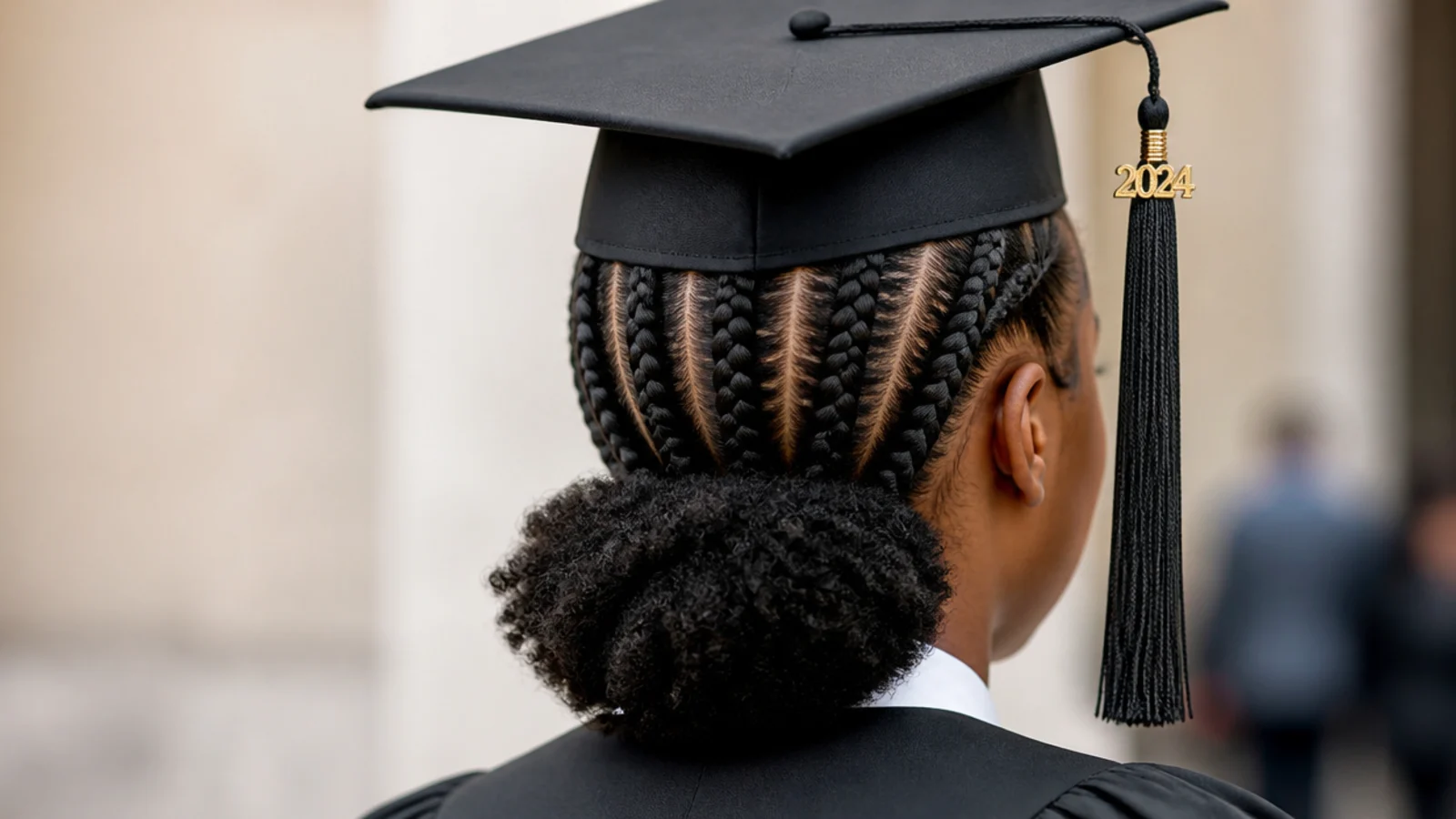 Six cornrows taken straight back into a low natural puff at the nape with a graduation cap