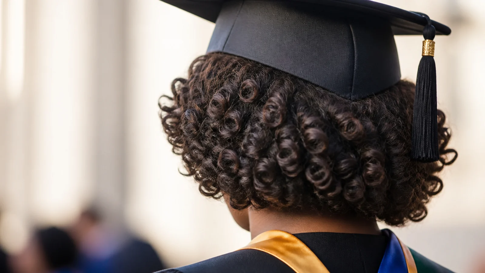 Bouncy flexi-rod curls on stretched natural hair styled with volume at the sides for graduation