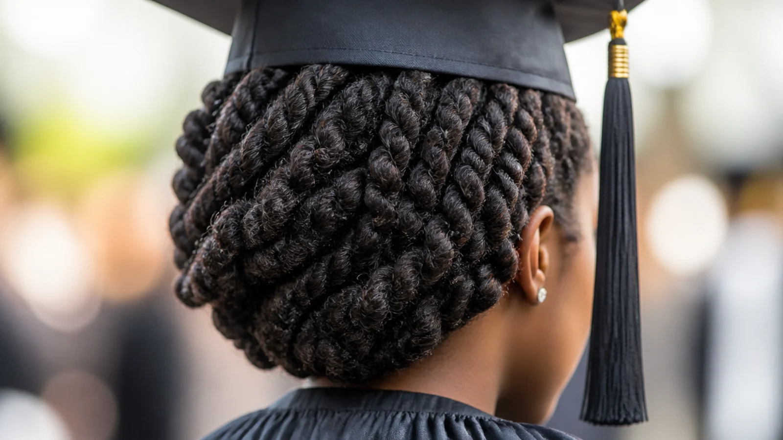 Side-swept twist-out on natural hair pinned behind one ear under a graduation cap