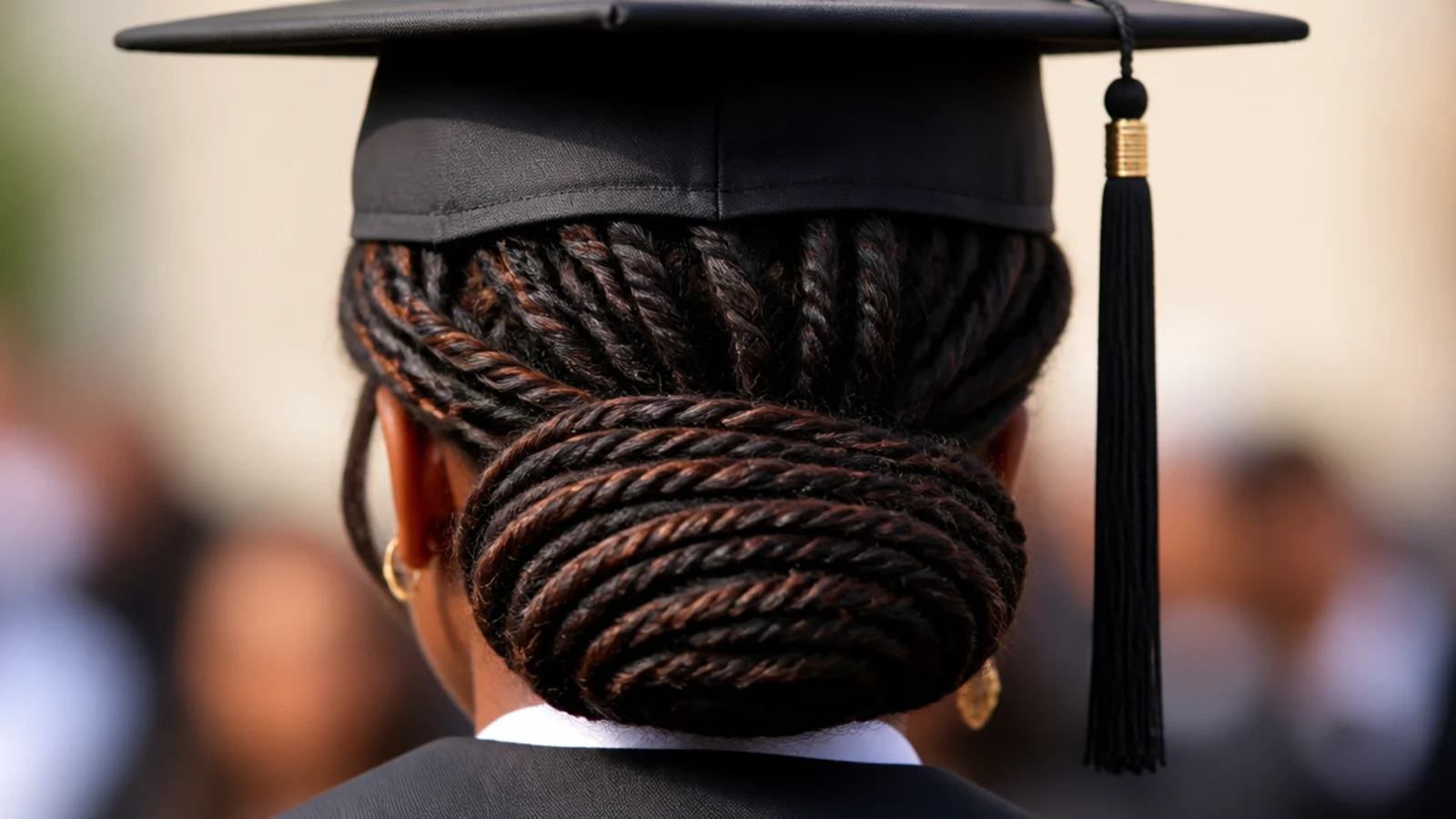 Locs rolled into a horizontal barrel at the nape with a mortarboard sitting flat above it