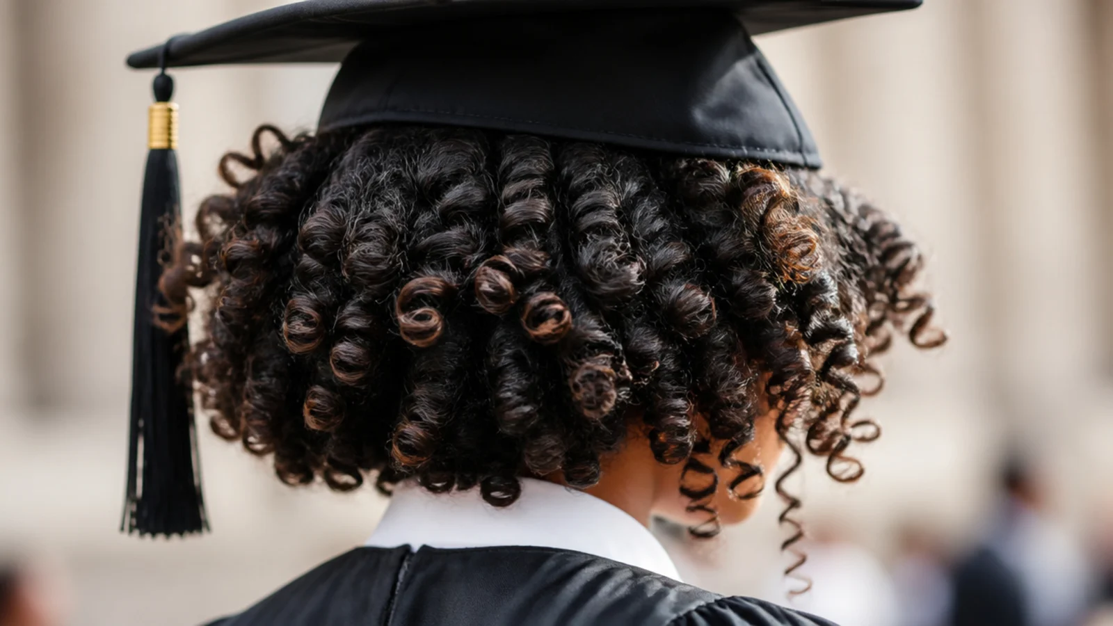 Bantu knot-out with wide spiral curls and temple volume on natural hair for graduation
