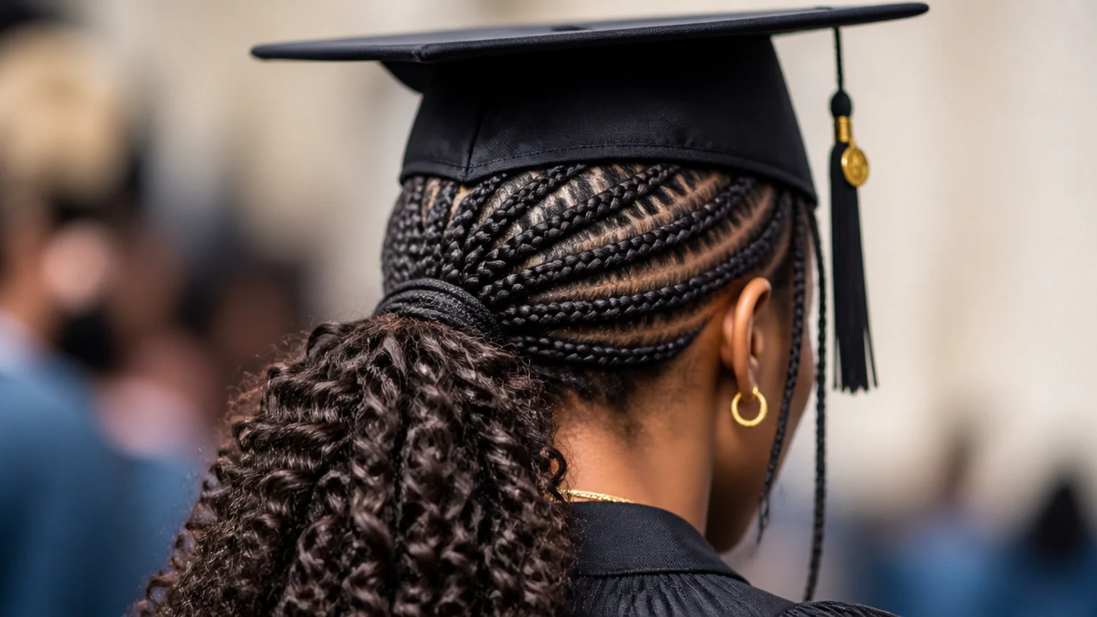 Fulani-style cornrows with a center part gathered into a low ponytail under a graduation cap