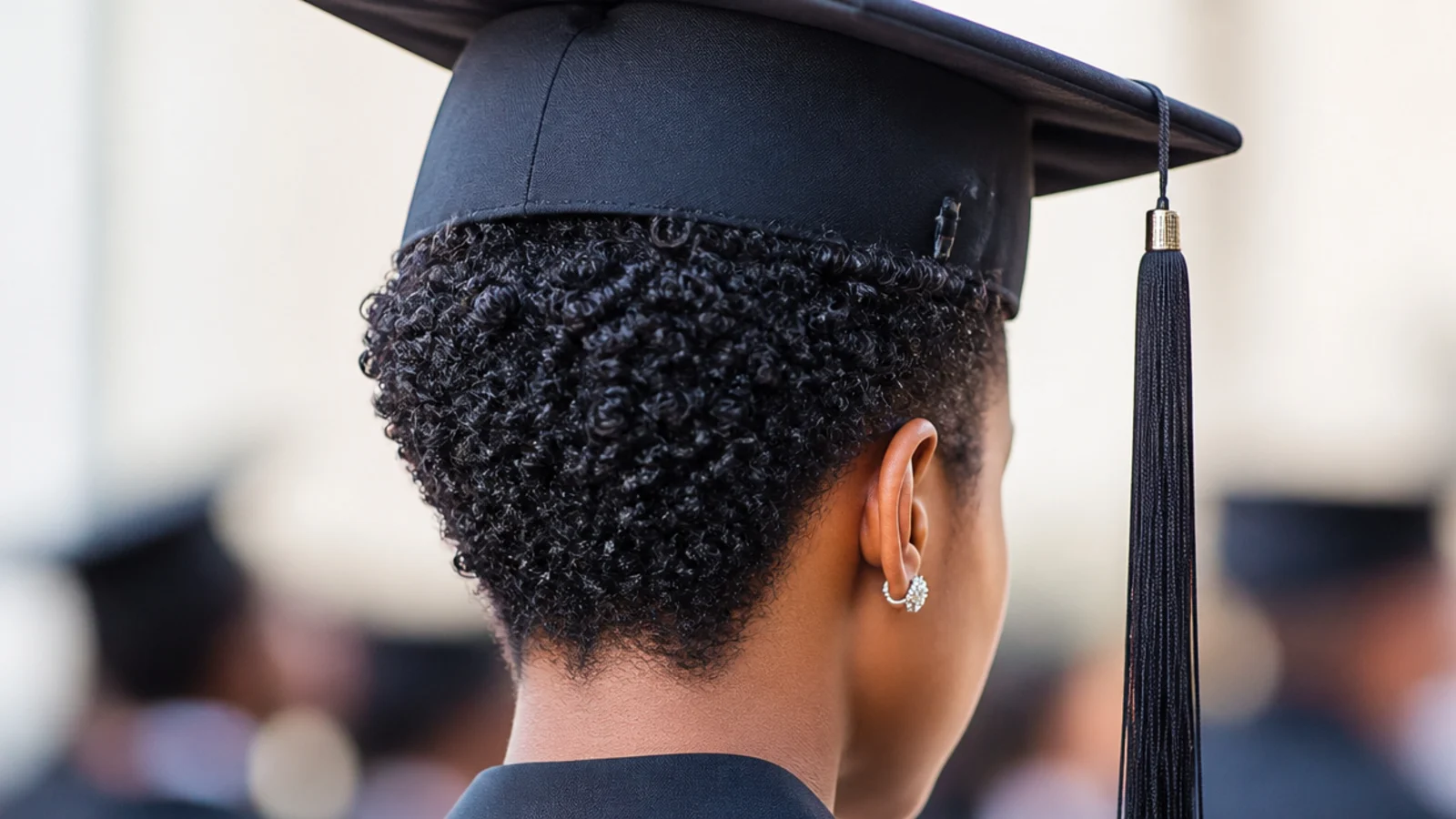 Defined wash-and-go on a two to four inch TWA with a graduation cap pinned at the sides