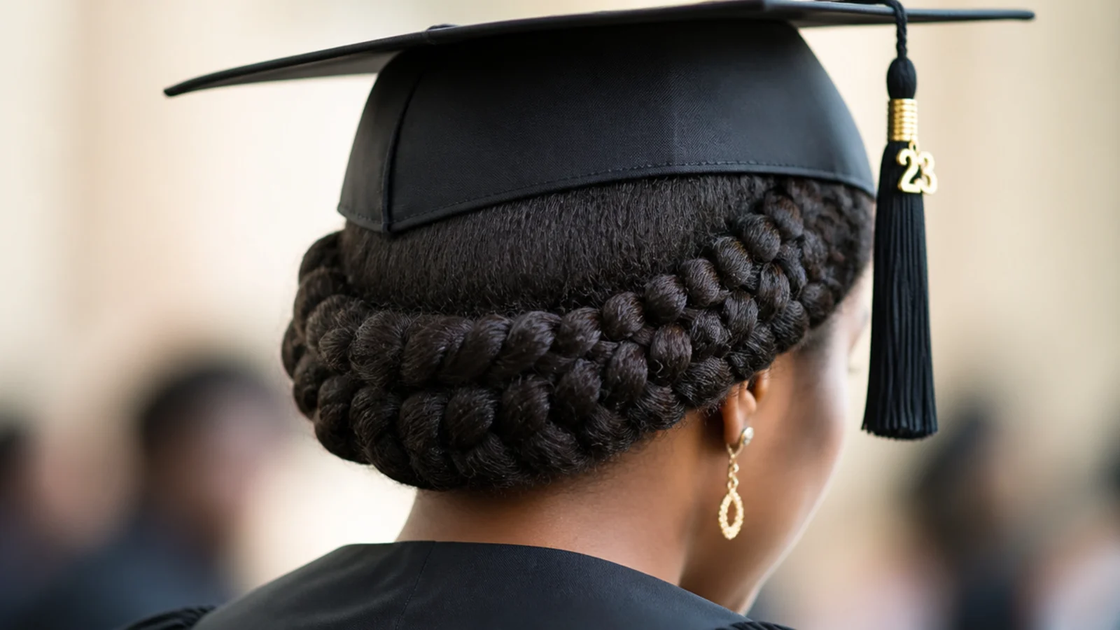 Halo braid wrapped low around the nape on stretched natural hair with a level graduation cap