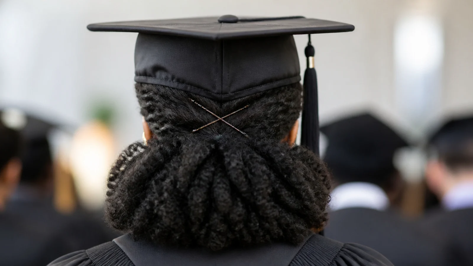 Bobby pins crossed in an X under a graduation cap band anchored into a flat twist on 4C hair