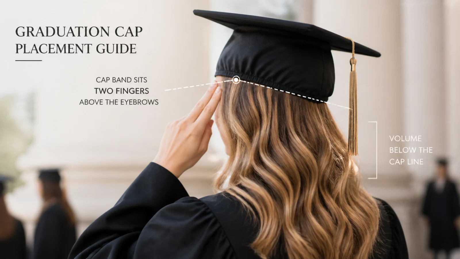 Diagram of the graduation cap band sitting two fingers above the eyebrows on natural hair
