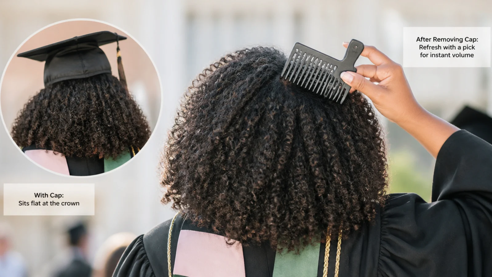 Refreshing a flattened natural hair crown with a wide-tooth pick after removing a graduation cap