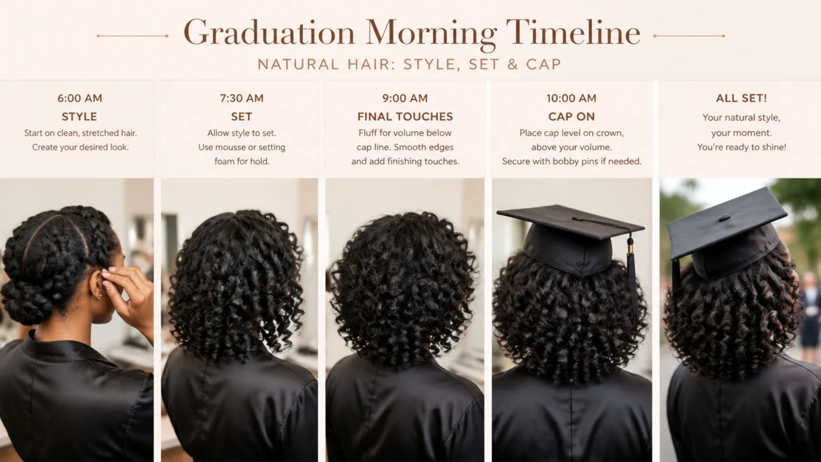 Graduation morning timeline for natural hair showing when to style, set and put the cap on