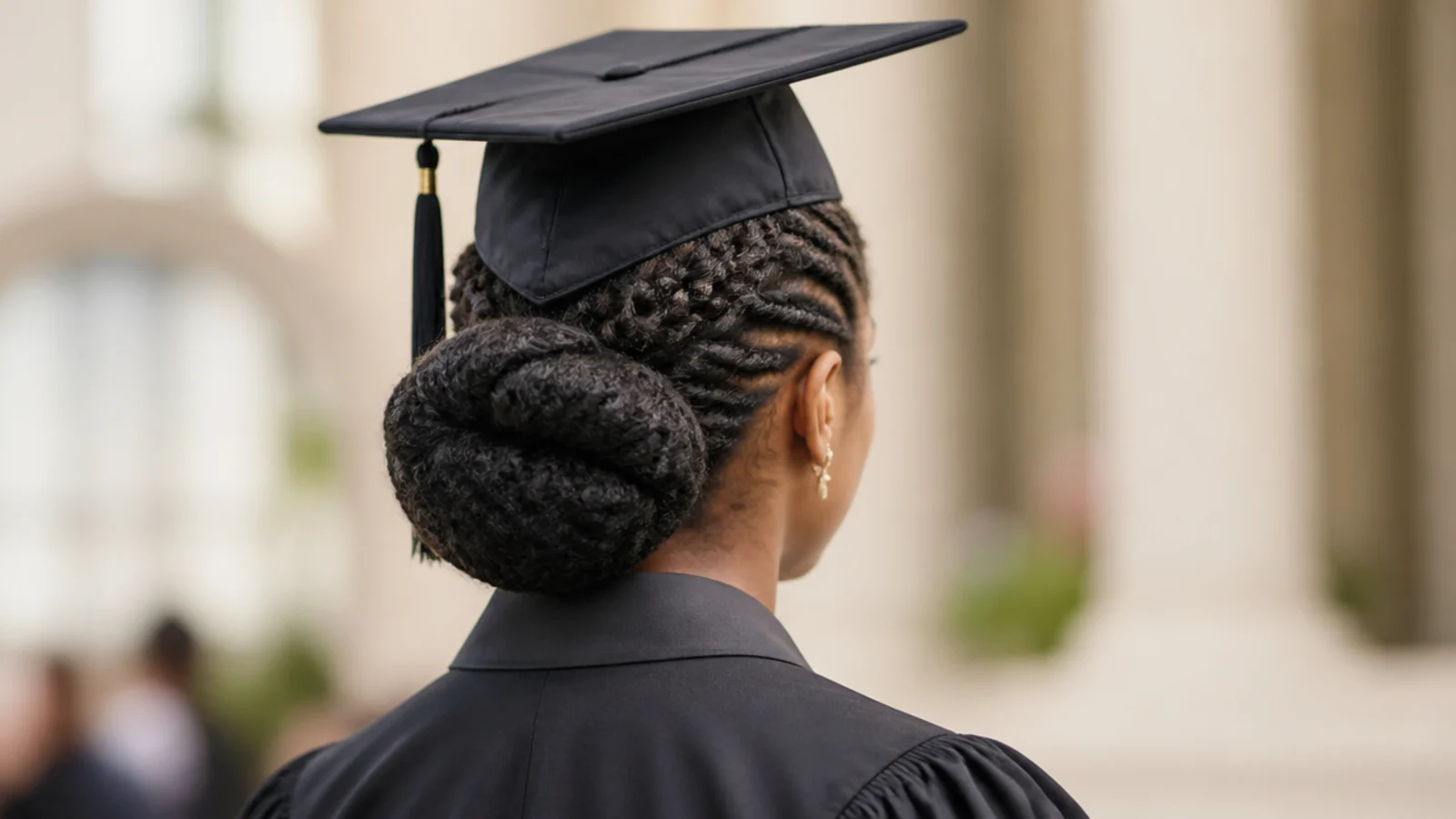 Graduation hairstyle for natural hair with flat twists into a low nape bun and a mortarboard sitting level on the crown