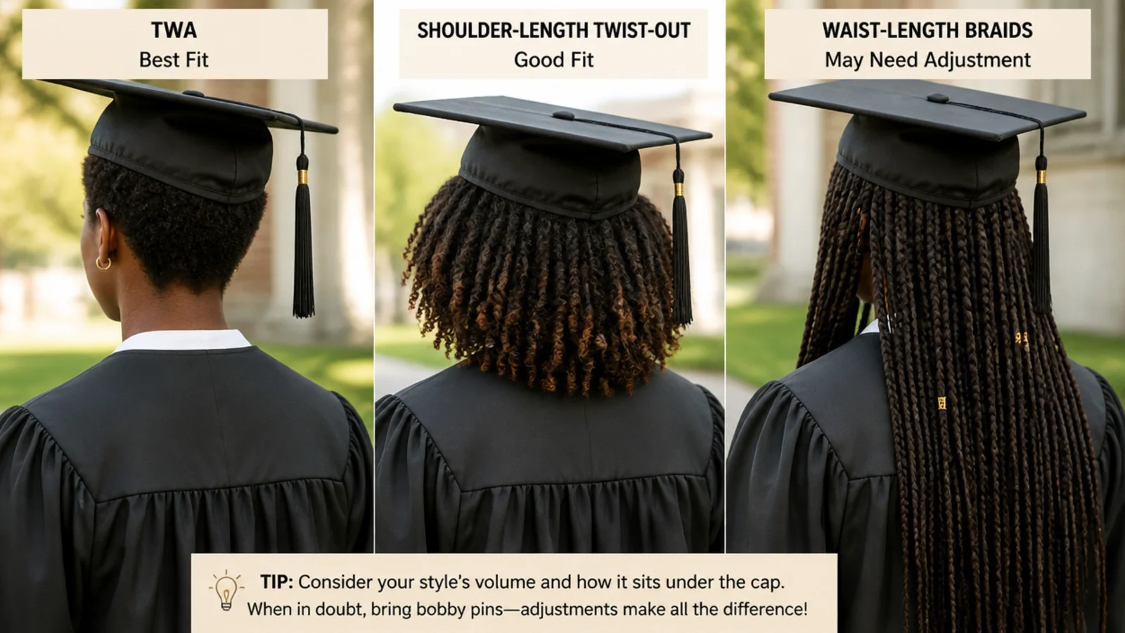 TWA, shoulder-length twist-out and waist-length braids compared for graduation cap fit