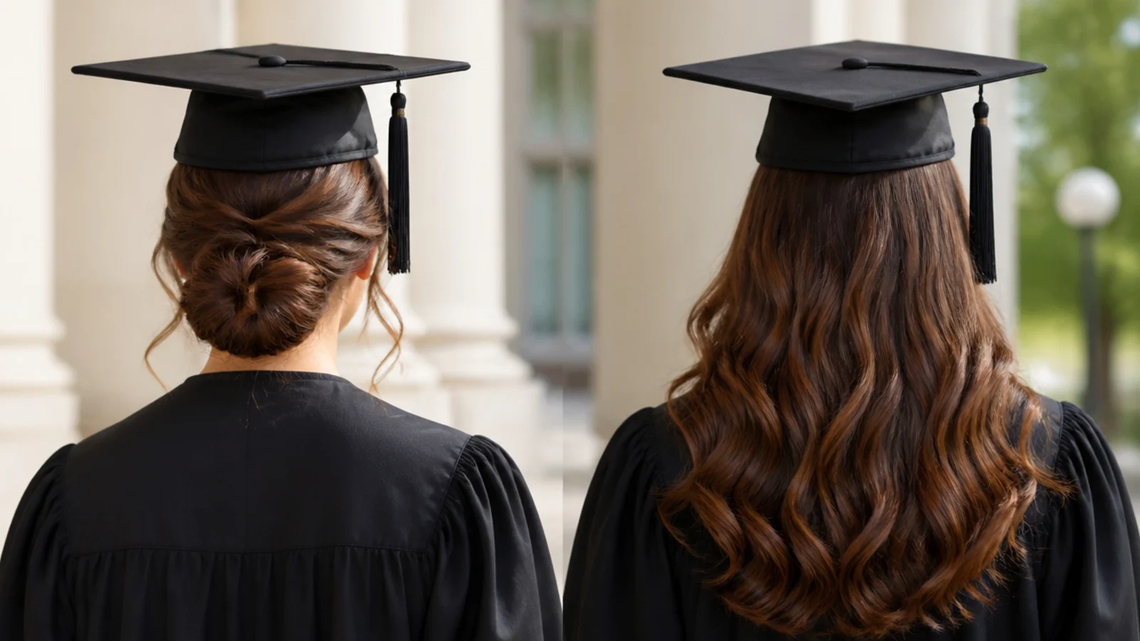 Natural hair updo and natural hair worn down compared side by side for graduation photos